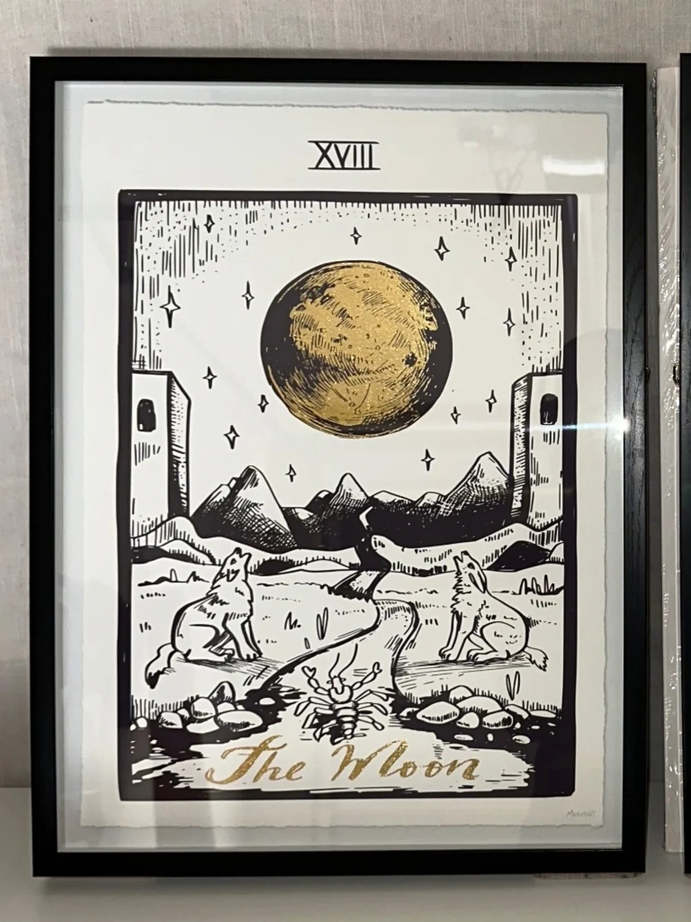 Framed “The Moon” Tarot Card Black and White Art Print with Gold Foil Accents